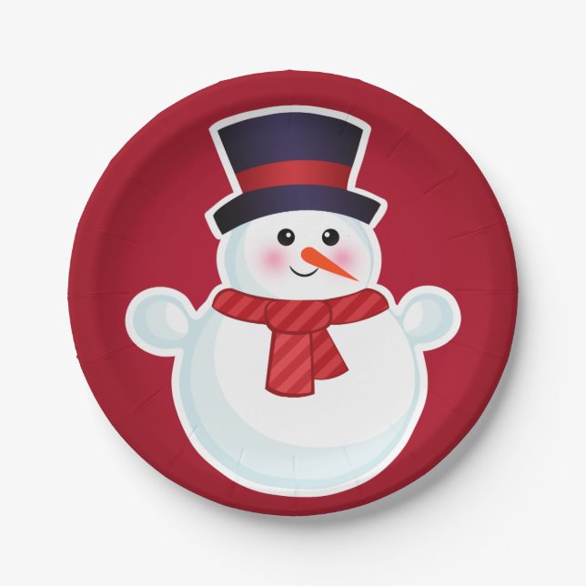 Prato De Papel Snowman de Natal em Fundo Vermelho (Frente)