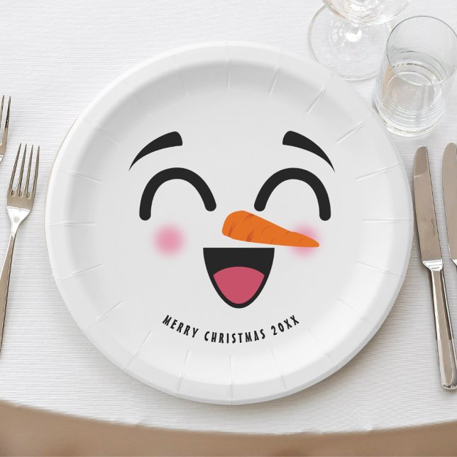 Prato De Papel Snowman Feliz Feliz Natal Rosto Sorridente Inverno (Snowman Merry Christmas Cute Smiling Face Winter Paper Plates
)