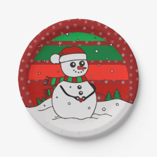 Prato De Papel Snowman Vintage Rainbow Snowflakes Vermelho Verde