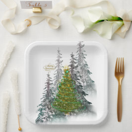 Prato De Papel  Snowy Forest Christmas Tree paper plates 