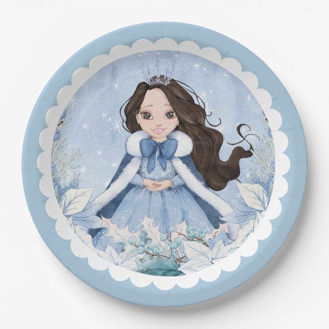 Prato De Papel Snowy Winter Black Haired Princess Birthday (Frente)
