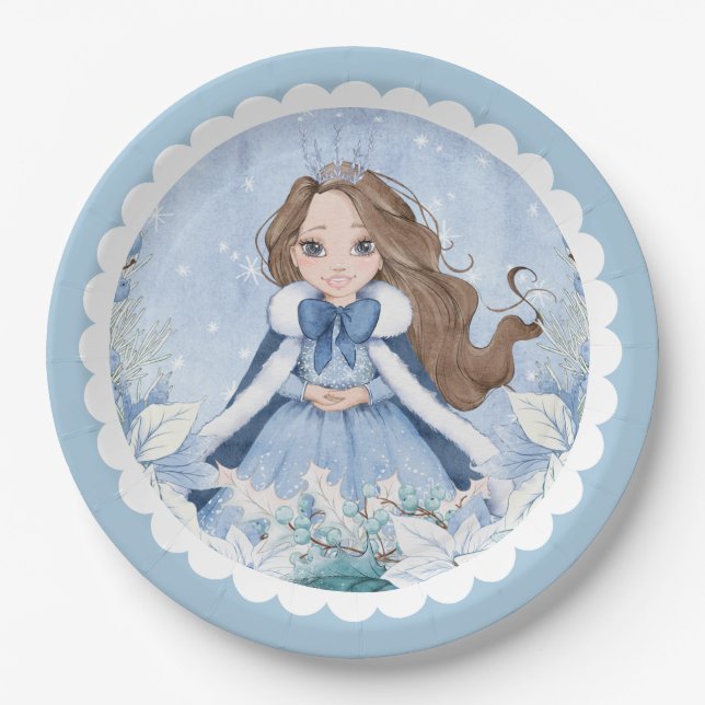 Prato De Papel Snowy Winter Brunette Princess Birthday (Frente)