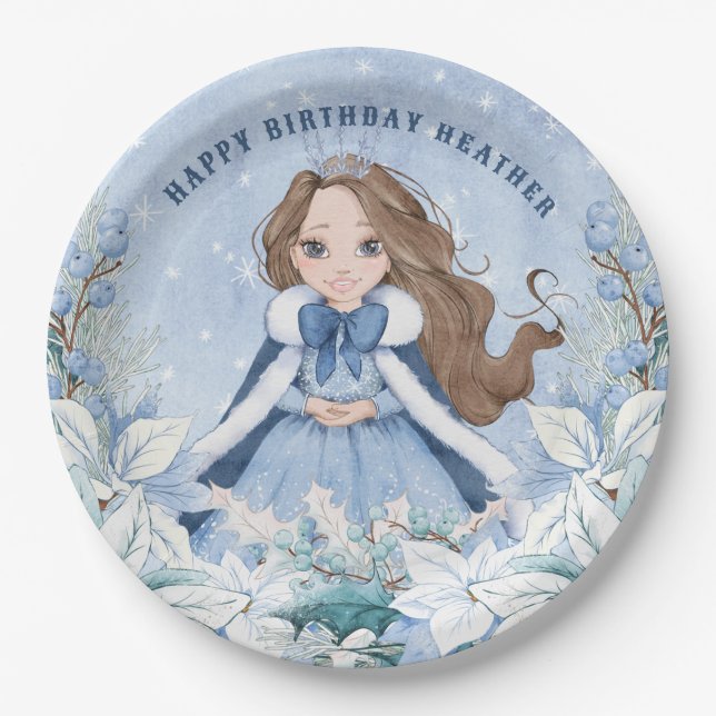 Prato De Papel Snowy Winter Brunette Princess Birthday (Frente)