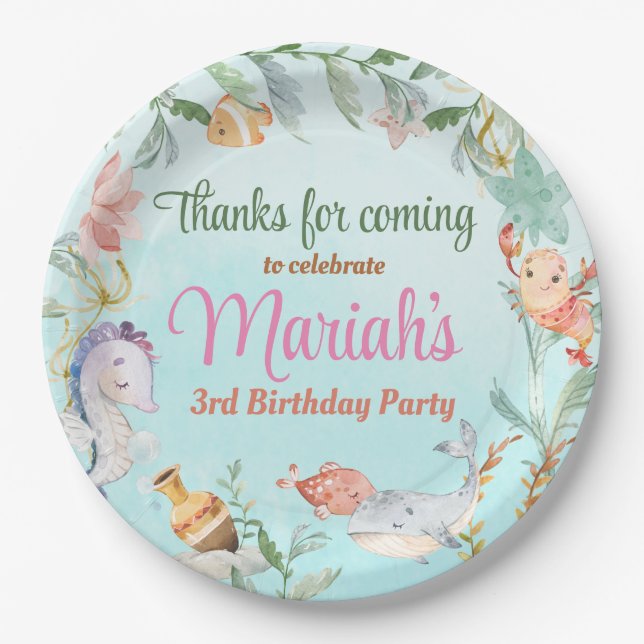 Prato De Papel Sob a aquarela do mar Aniversário (Frente)