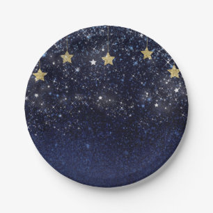Prato De Papel Sob as Estrelas Noite Estrelada Dourado Azul Festa