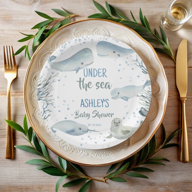 Prato De Papel Sob o chá de fraldas do menino marinho impresso (Under the sea boy baby shower personalized printed paper plates cute whales ocean animals table deco)