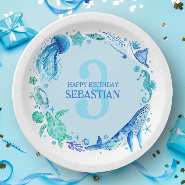 Prato De Papel Sob o mar Aquarela aniversário de 3 anos azul (Under the Sea Watercolor Blue 3rd Birthday Paper Plates)