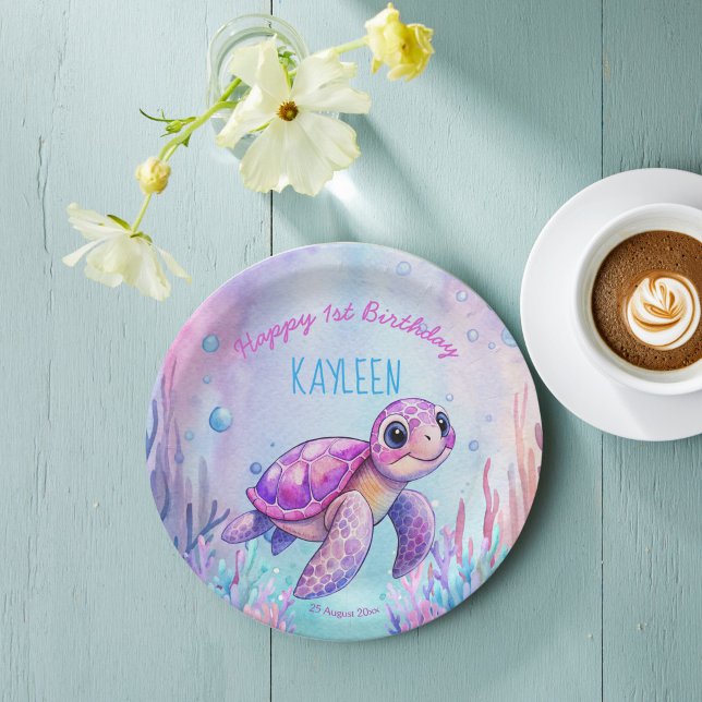 Prato De Papel Sob o mar, doce tartaruga rosa, aniversário roxo (Under the sea cute turtle pink purple girls birthday party happy birthday paper plates table decor)