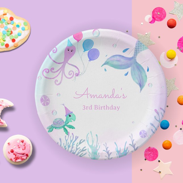 Prato De Papel Sob o Mar Sereia e Tartaruga Marinha Aniversário (Enjoy your birthday cake with this adorable Mermaid, Sea Turtle party plate! )