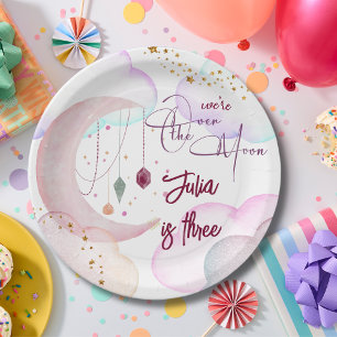 Prato De Papel Sobre a Lua belo aniversário de criança pastel