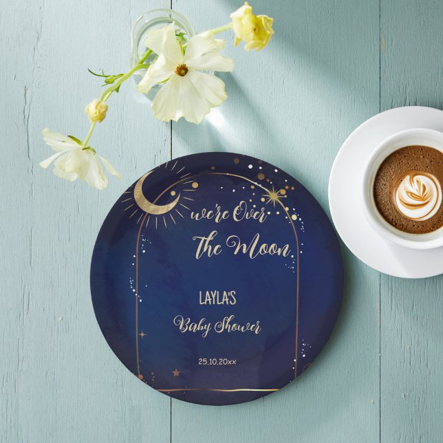 Prato De Papel Sobre o Chá de fraldas celeste da Lua impresso (Over the Moon celestial Baby Shower monogrammed printed Paper Plates personalized table decor)