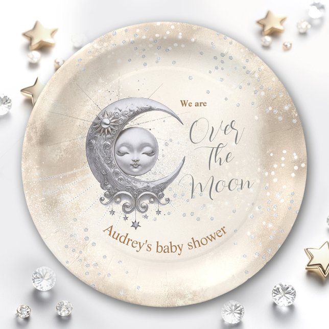Prato De Papel Sobre O Chá de fraldas Neutro De Gênero Da Lua (Over The Moon Gender Neutral Baby Shower Paper Plates)