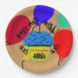 Prato De Papel Sobre o Monte Azul Balões Cupcakes