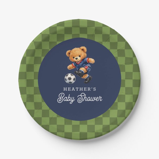 Prato De Papel Soccer Teddy Beary Checkboard Retro Baby Shower (Frente)