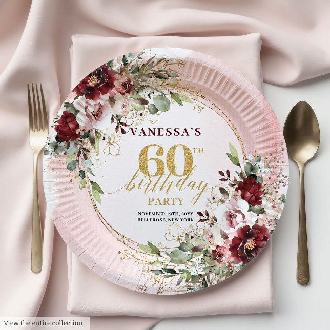 Prato De Papel Sofisticado Boho Borgonha Rosas Douradas 60 Aniver (Sophisticated Boho Burgundy Gold Roses 60 Birthday Paper Plates)