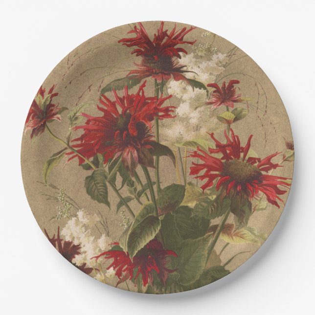 Prato De Papel Sofisticado Floral Vermelho e Burgundy Contra Bege (Frente)