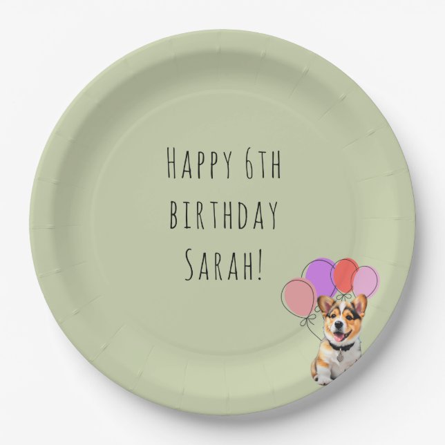 Prato De Papel Soft Fresh Sage Verde - Aniversário do Corgi  (Frente)