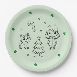Prato De Papel Soft Green Cute Girl and Cat Christmas Design