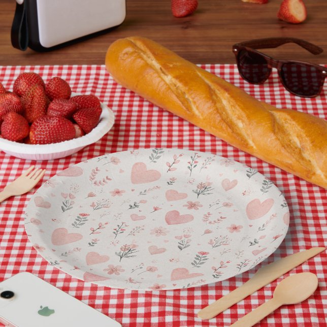 Prato De Papel Soft Heart Floral Paper Plates (Piquenique)