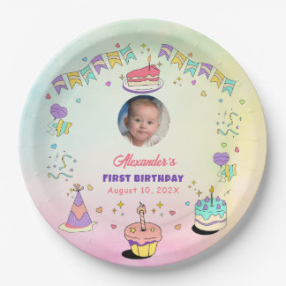 Prato De Papel Soft Pastel Baby Boy 1st Birthday Photo Plates