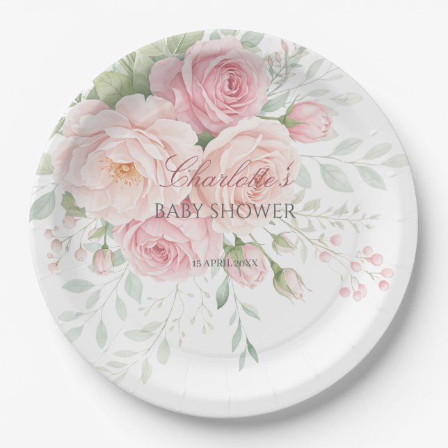 Prato De Papel soft pink roses floral paper plates (Frente)