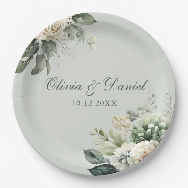 Prato De Papel Soft Sage Green Floral Paper Plate (Frente)