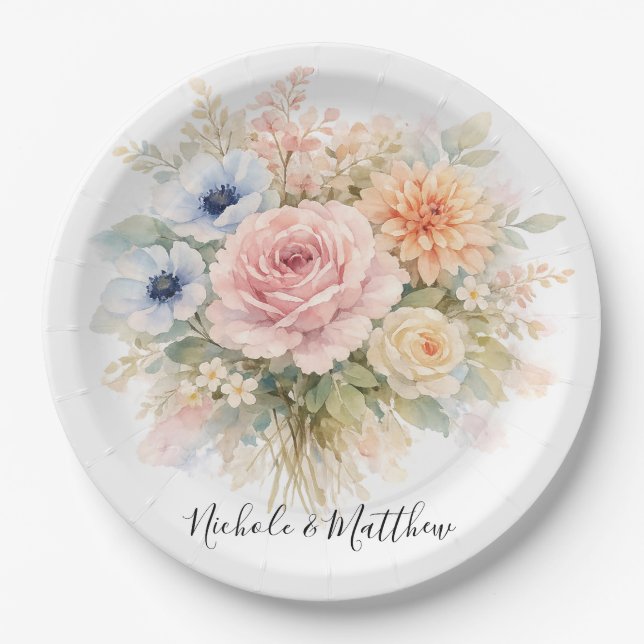 Prato De Papel Soft Watercolor Floral Wedding (Frente)