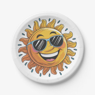 Prato De Papel Sol Amarelo Feliz com Óculos de Sol na Moda