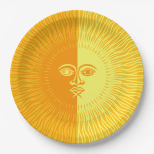 Prato De Papel Sol brilhante Amarelo e Laranja com rosto
