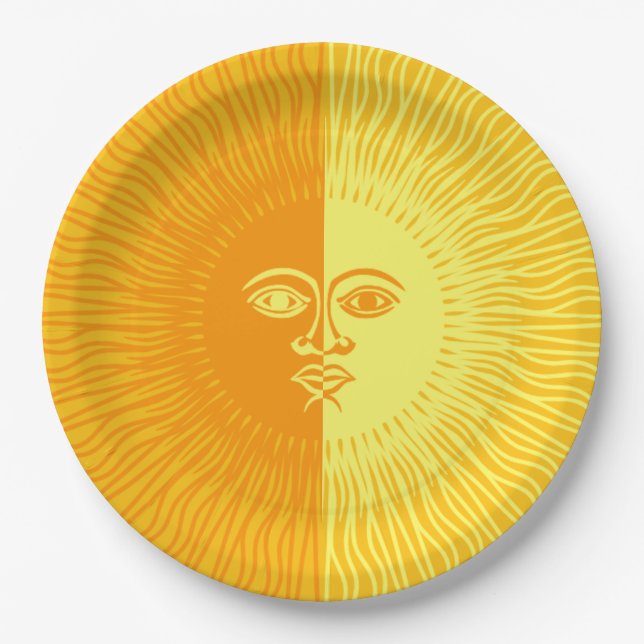 Prato De Papel Sol brilhante Amarelo e Laranja com rosto (Frente)