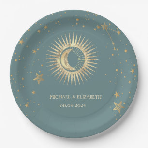 Prato De Papel Sol Celestial Dourado E Estrelas Luas Mint Verde