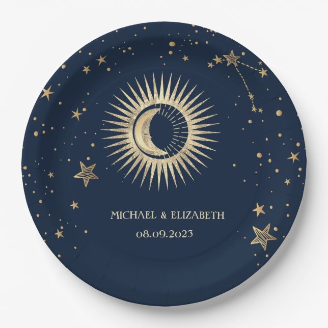 Prato De Papel Sol Dourado Celestial E Estrelas Da Lua (Frente)