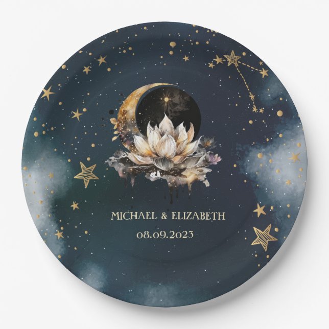 Prato De Papel Sol Dourado Celestial,Lua,Estrelas Lotus Night Sky (Frente)