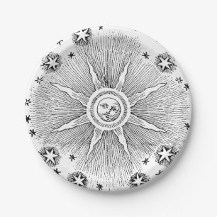 Prato De Papel Sol Estrelas Antigo Céu Noturno Zodíaco Medieval
