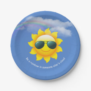 Prato De Papel Sol feliz com arco-íris e citação