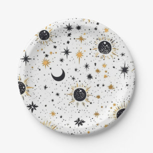 Prato De Papel Sol Lua Estrelas Preto e Dourado Celestial