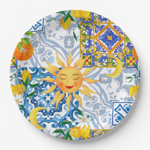 Prato De Papel Sol mediterrânico, flores, limão, meia lua,