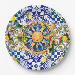 Prato De Papel Sol siciliano,limão,azulejos mediterrâneos