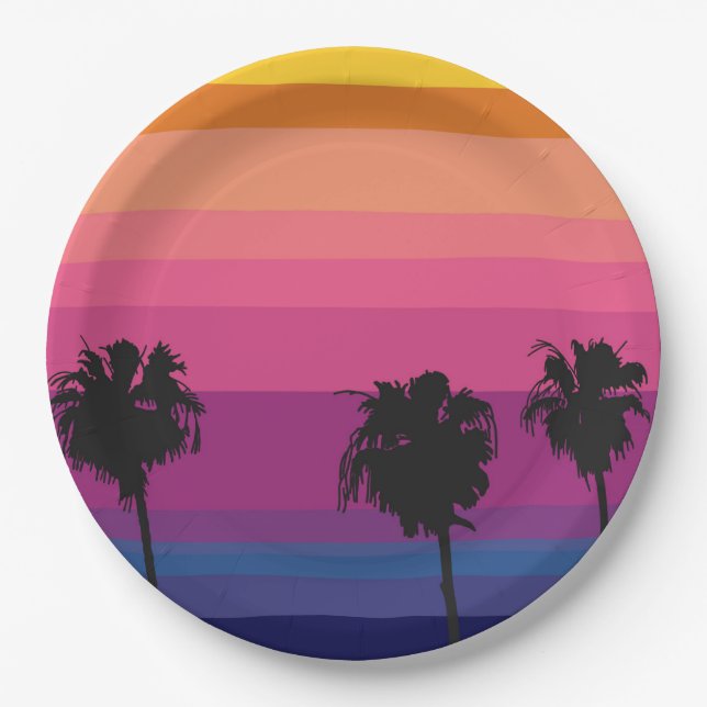 Prato De Papel Sol vibrante com silhuetas de palmeiras (Frente)
