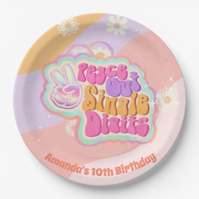 Prato De Papel Solteiro Groovy Peace Out - Dígitos 10 (Frente)