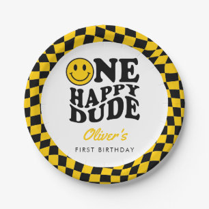 Prato De Papel Sorriso Amarelo Verificado Um primeiro aniversario