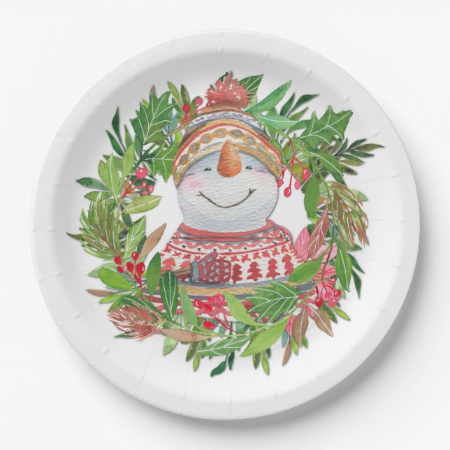 Prato De Papel Sorriso Snowman Wreath Natal (Frente)