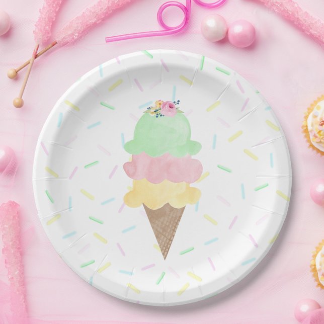 Prato De Papel Sorvete Aquarela (Watercolor Ice Cream Sprinkle Paper Plates for Bridal Shower, Birthday or Baby Shower Party)