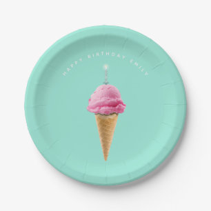 Prato De Papel Sorvete de aniversário personalizado e Bolo