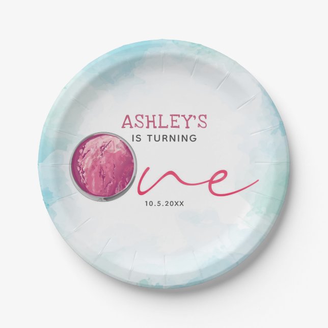 Prato De Papel Sorvete de Aquarela Primeiro Aniversário (Frente)