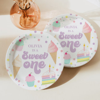 Prato De Papel Sorvete doce e primeiro aniversario de bolo