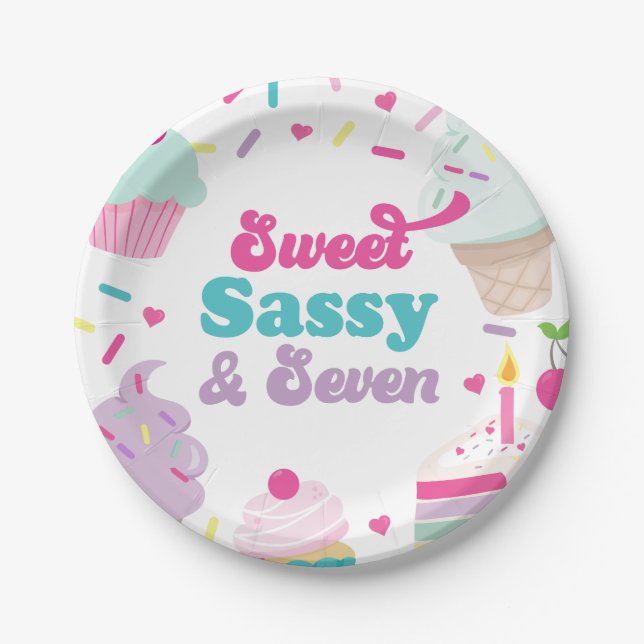 Prato De Papel Sorvete e Bolo Doce Sassy Sete 7º Aniversário (Frente)