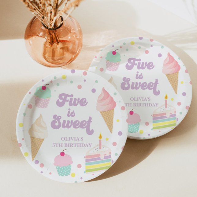 Prato De Papel Sorvete e Bolo Five é Doce 5º Aniversário (Criador carregado)