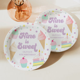 Prato De Papel Sorvete e Bolo Nine é Doce 9º Aniversário