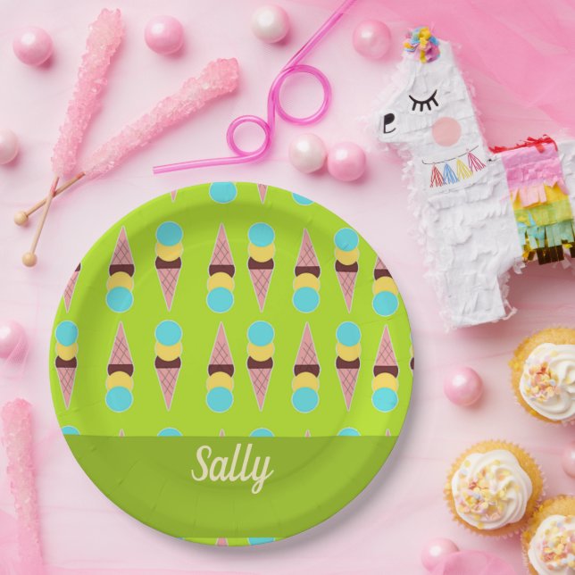 Prato De Papel Sorvetes coloridos em verde (Festa)